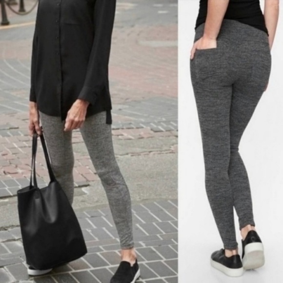 Athleta XS Gray Herringbone Tights Leggings with Pockets Athleisure Casual - Picture 1 of 14